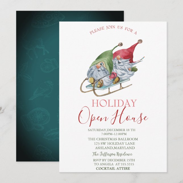Watercolor Gnomes Sleigh Open House Einladung (Vorne/Hinten)