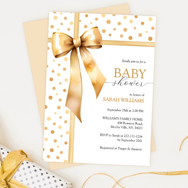 Watercolor Gold Bow Baby Dusche Einladung (Von Creator hochgeladen)