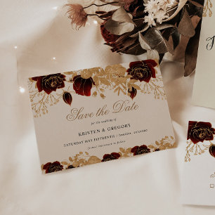 Watercolor Gold Burgund Rose Save the Date Einladung