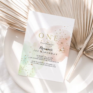 Watercolor Gold Confetti Erste Geburtstagsparty Einladung