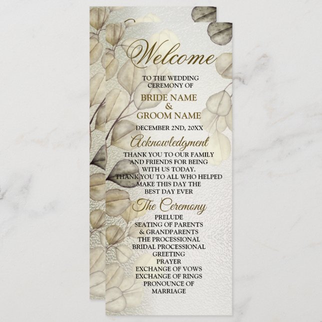 Watercolor Gold Eucalyptus Foliage Wedding Shiny Programm (Vorne/Hinten)