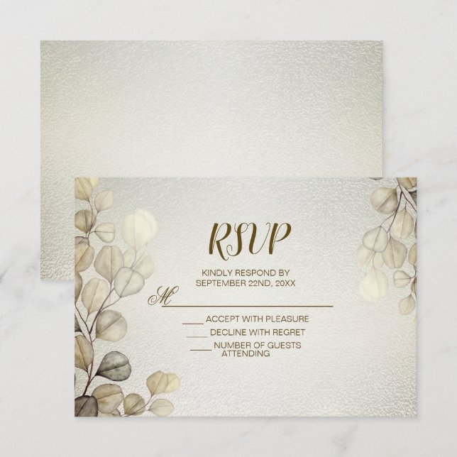 Watercolor Gold Eucalyptus Foliage Wedding Shiny RSVP Karte (Vorne/Hinten)