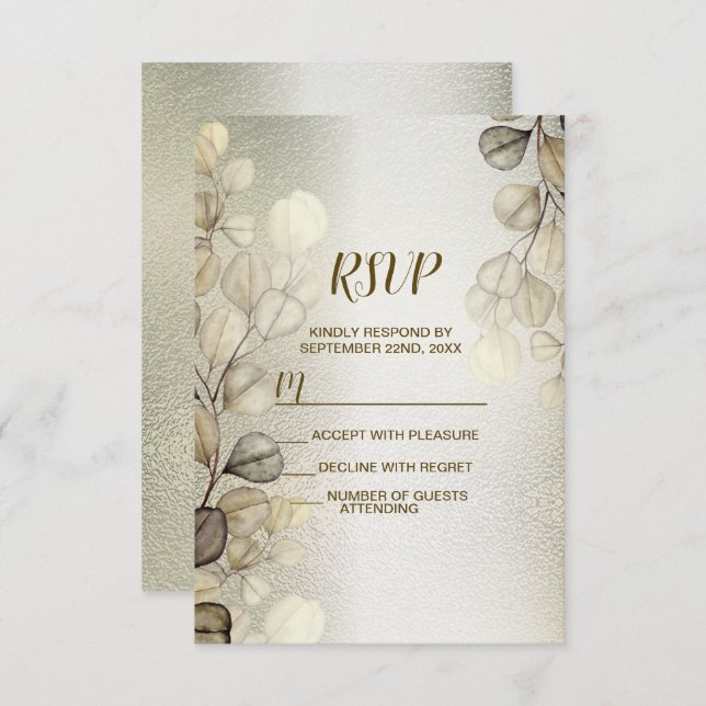 Watercolor Gold Eucalyptus Foliage Wedding Shiny RSVP Karte (Vorne/Hinten)