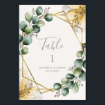 Watercolor Gold Geometric Floral Eucalyptus Green  Tischnummer<br><div class="desc">Add a touch of elegant botanical charm to your wedding reception with this Watercolor Gold Geometric Floral Eucalyptus Green Table Number design. Featuring a delicate arrangement of soft watercolor eucalyptus leaves and subtle greenery, this design is beautifully framed within a modern gold geometric shape. The fresh botanical elements combined with...</div>