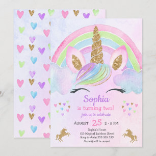 Watercolor Gold Glitzer Niedlich Unicorn Girl Einladung