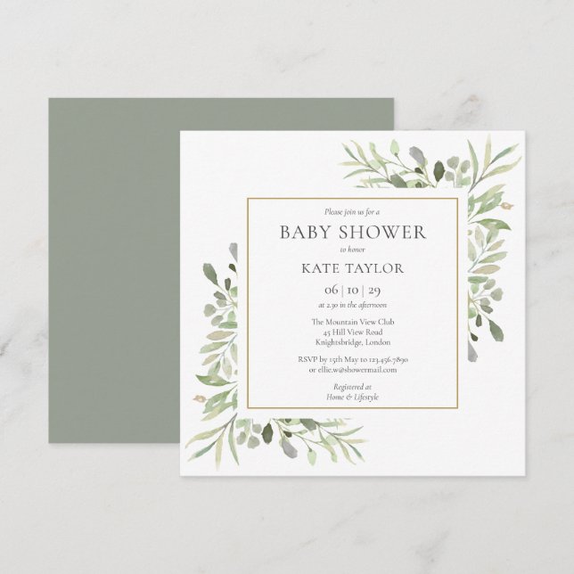 Watercolor Gold Greenery Baby Shower | Sprinkle Einladung (Vorne/Hinten)