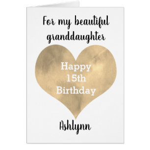 Watercolor Gold Heart 15th Birthday Granddaughter