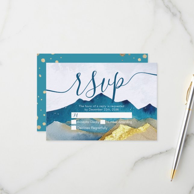 Watercolor Gold Mountain Wedding RSVP Kindly Antwo (Vorderseite/Rückseite Beispiel)