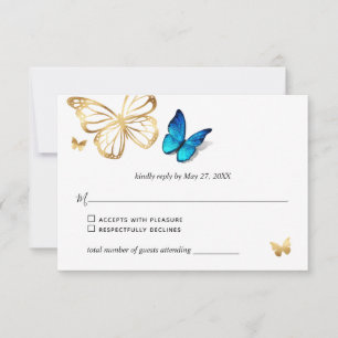 Watercolor Gold Navy Blue Butterfly Rustikale Hoch RSVP Karte