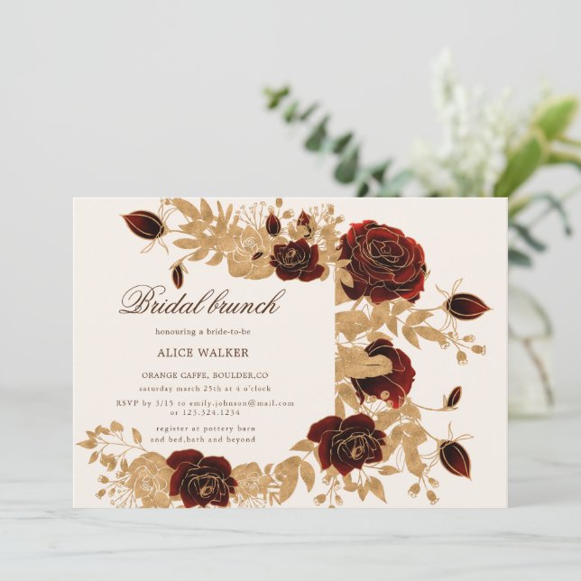 Watercolor Gold Rose Bridal Brunch Einladung (Stehend Vorderseite)