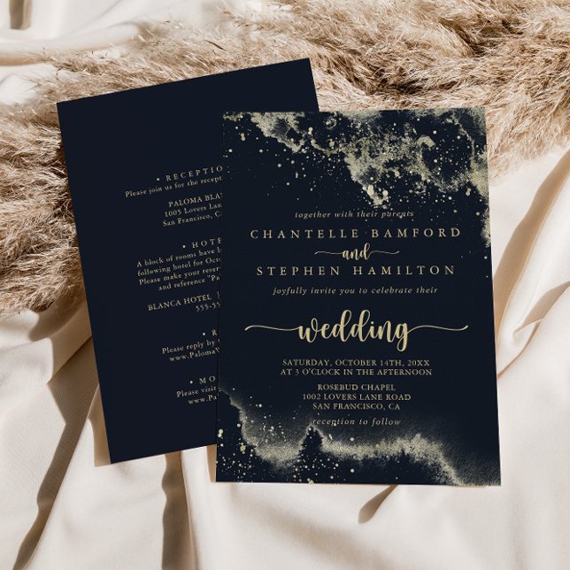 Watercolor Gold Splash Front & Back Wedding Einladung (Von Creator hochgeladen)