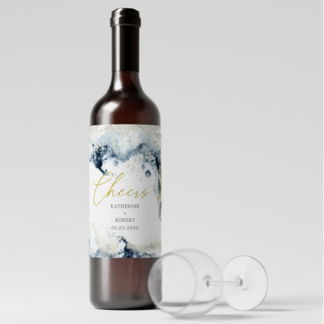 Watercolor Gold Waves Hochzeitweiliges Wine Label  Weinetikett (Von Creator hochgeladen)