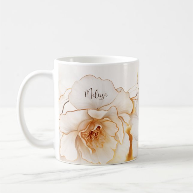 Watercolor Gold Weiße Blume Kaffeetasse (Links)
