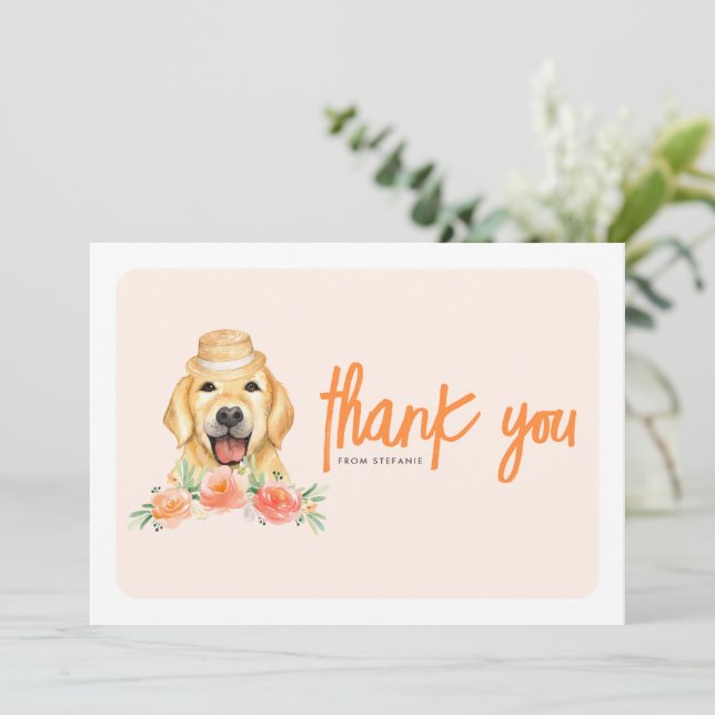 Watercolor Golden Retriever Peach Flowers Birthday Dankeskarte (Stehend Vorderseite)