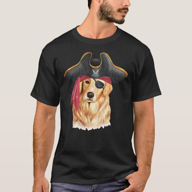 Watercolor Golden Retriever Pirate Hat Eye Patch T-Shirt (Vorderseite)