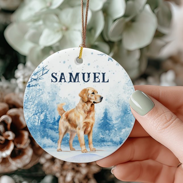 Watercolor Golden Retriever Winter Scene Christmas Keramik Ornament (Watercolor snowy winter scene golden retriever christmas ornament)