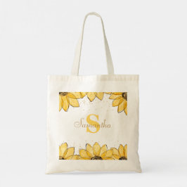 Watercolor Golden Sunflowers Floral Monogram Name Tragetasche