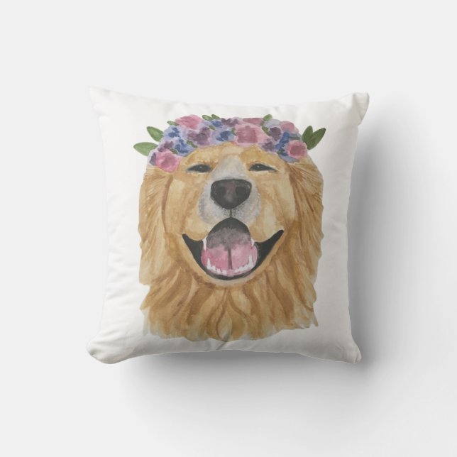 Watercolor goldener Retriever-Blumen-Kronen-Kissen Kissen Für Draußen (Vorderseite)