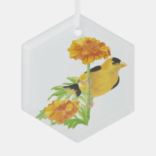 Watercolor Goldfinch Bird Marigold Garden Blume Ornament Aus Glas