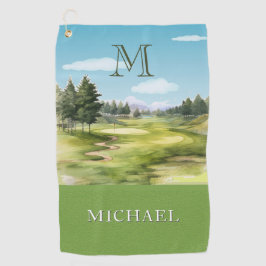 Watercolor Golf Course Monogram Name Golfhandtuch