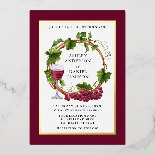 Watercolor Grapes Wreath Wedding Burgundy Gold Folieneinladung (Vorderseite)