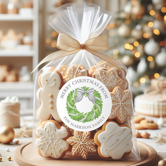 Watercolor Grau Bow Wreath Weihnachten Runder Aufkleber (Von Creator hochgeladen)