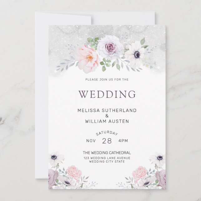Watercolor Gray Lilac Blush Bloral Wedding Einladung (Vorderseite)