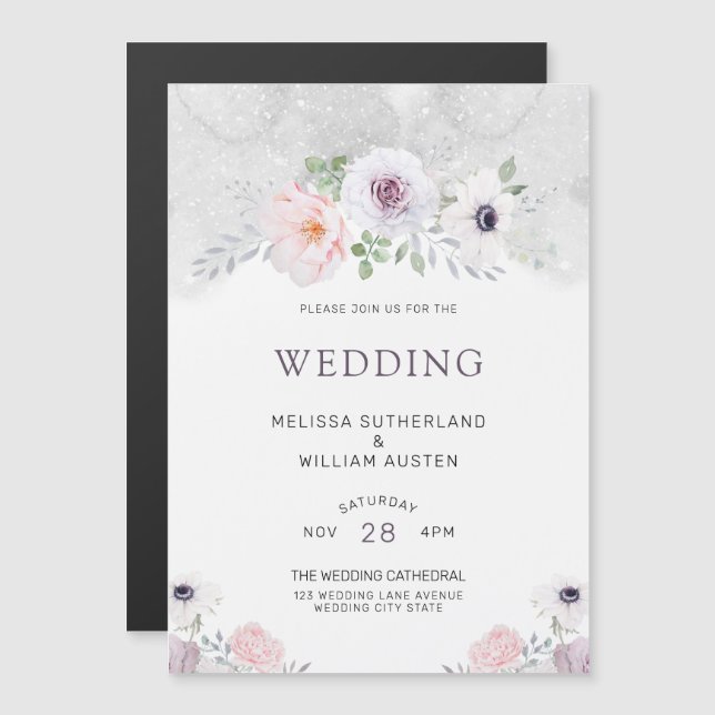 Watercolor Gray Lilac Blush Bloral Wedding Magneteinladung (Vorne/Hinten)