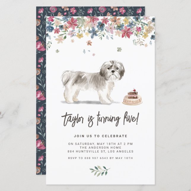 Watercolor Gray Shih Tzu Hund Einladung zum Geburt (Vorne/Hinten)