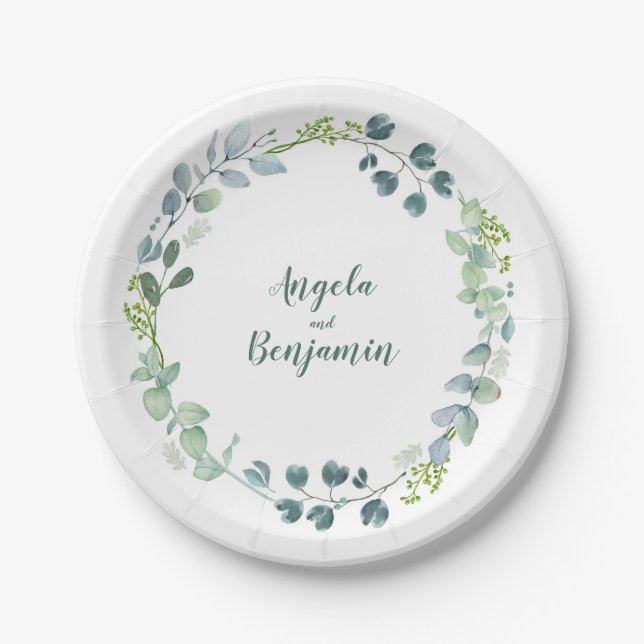 Watercolor Green Blätter Wreath Wedding Pappteller (Vorderseite)