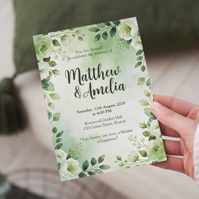 Watercolor Green Floral Wedding Invitation Einladung (Von Creator hochgeladen)