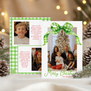 Watercolor Green Gingham Bow Weihnachts-Foto Feiertagskarte