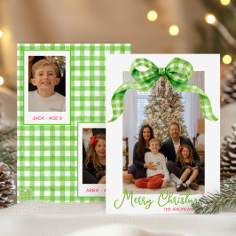 Watercolor Green Gingham Bow Weihnachts-Foto Feiertagskarte