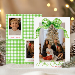 Watercolor Green Gingham Bow Weihnachts-Foto Feiertagskarte
