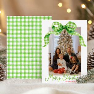 Watercolor Green Gingham Bow Weihnachts-Foto Feiertagskarte