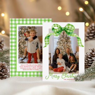 Watercolor Green Gingham Bow Weihnachts-Foto Feiertagskarte