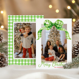 Watercolor Green Gingham Bow Weihnachts-Foto Feiertagskarte