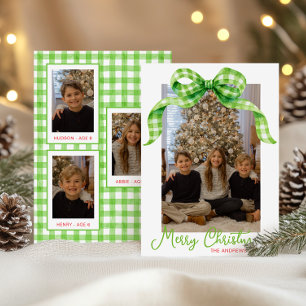 Watercolor Green Gingham Bow Weihnachts-Foto Feiertagskarte