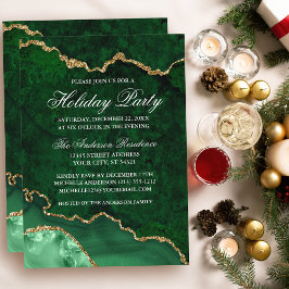 Watercolor Green Gold Marble Geode Holiday Party Einladung