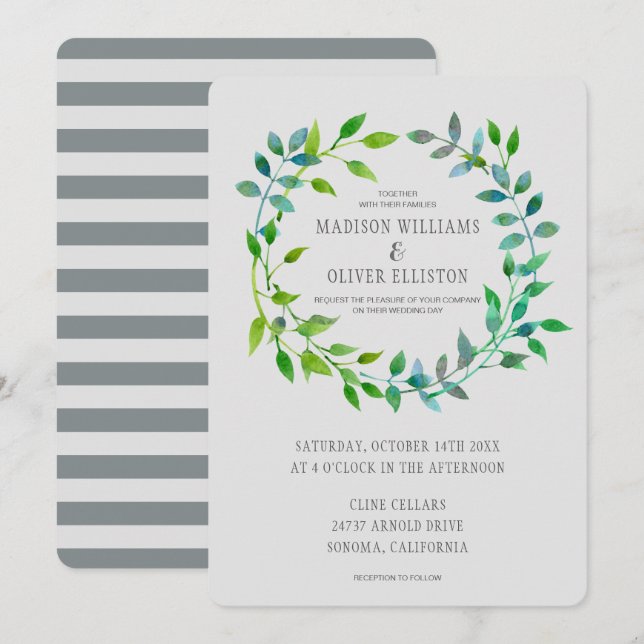Watercolor Green Leaaf Wreath | Hochzeit Einladung (Vorne/Hinten)