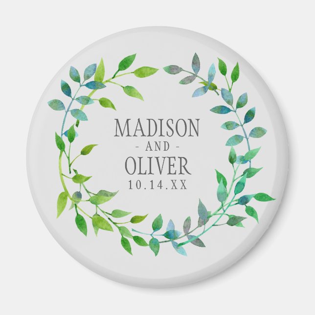 Watercolor Green Leaaf Wreath | Hochzeit Magnet (Vorne)