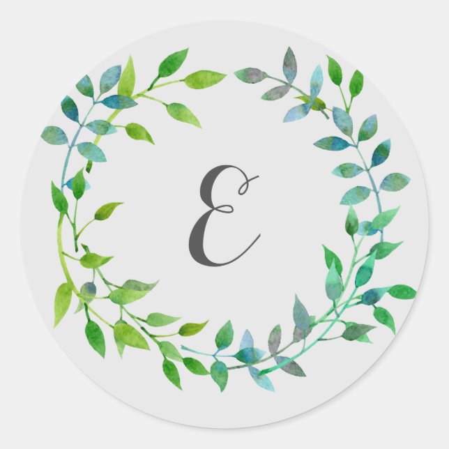 Watercolor Green Leaaf Wreath | Monogramm Runder Aufkleber (Vorderseite)