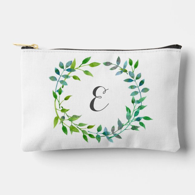 Watercolor Green Leaaf Wreath | Monogramm Zubehörtasche (Vorderseite)
