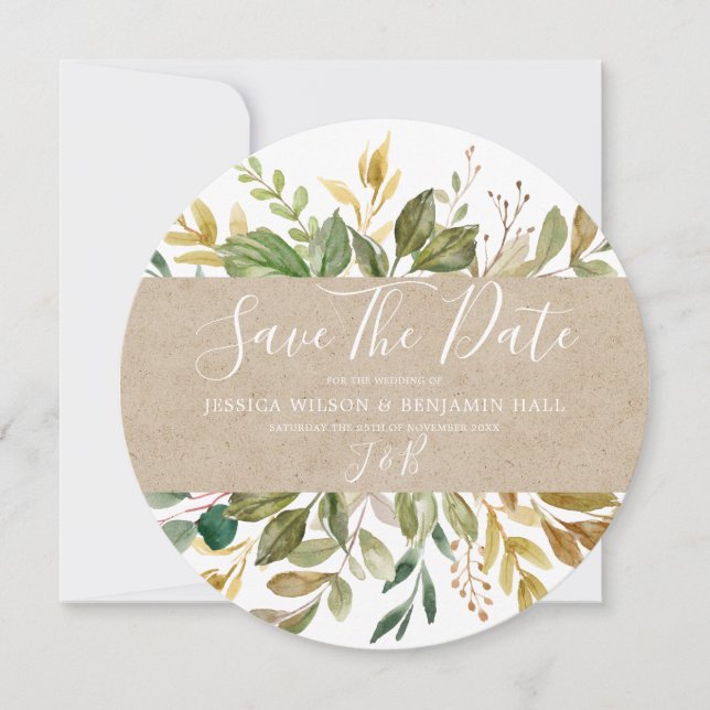 Watercolor Green Leaf Sommer Hochzeitssturz Save The Date (Vorderseite)