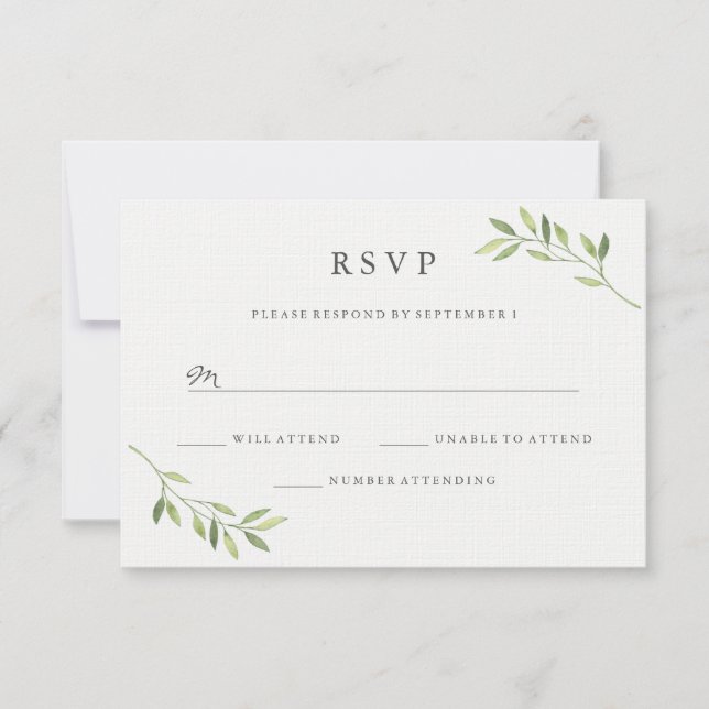 Watercolor Green Leaf Wedding RSVP (Vorderseite)