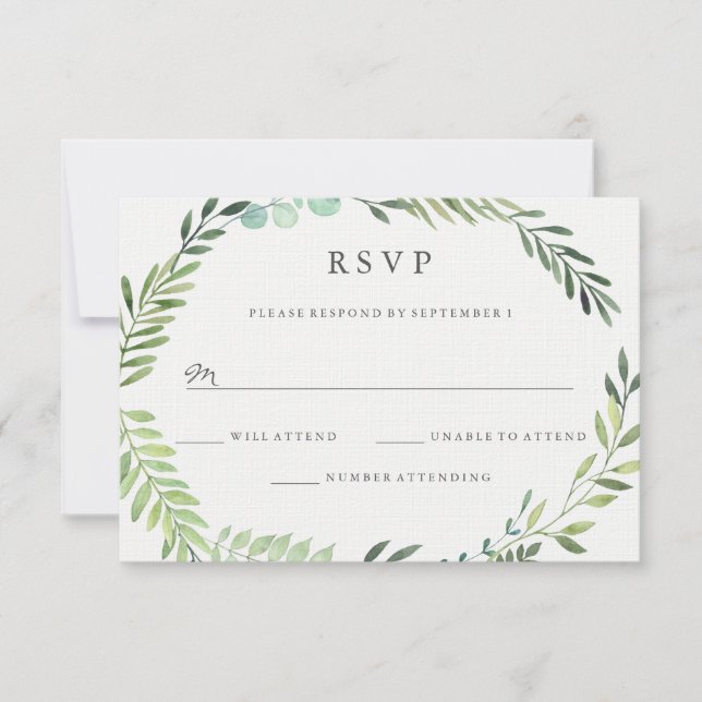 Watercolor Green Leaf Wreath Wedding RSVP (Vorderseite)