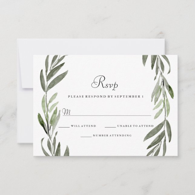 Watercolor Green Leaf Wreath Wedding RSVP (Vorderseite)