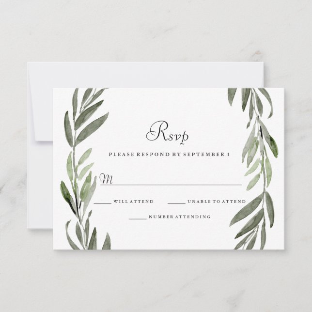 Watercolor Green Leaf Wreath Wedding RSVP Karte (Vorderseite)