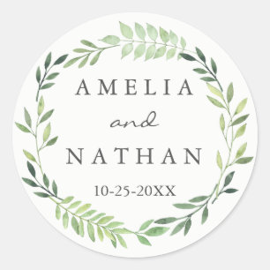 Watercolor Green Leaf Wreath Wedding Sticker