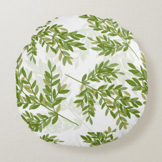 Watercolor Green Leafing Branchen Muster auf Gelb Rundes Kissen